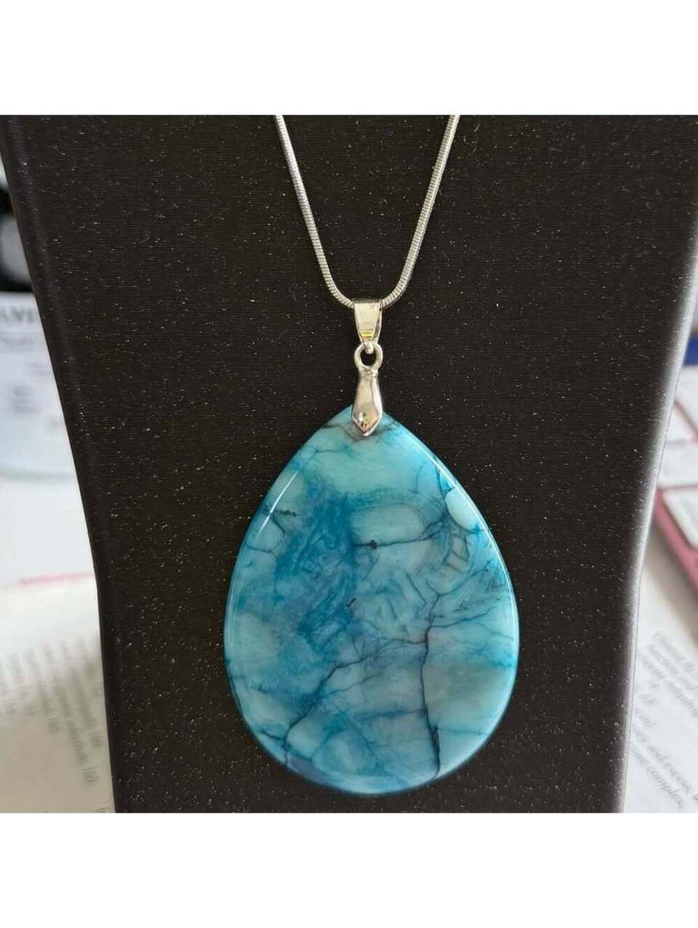 Sterling Silver Chain Necklace with Blue Teardrop Stone Pendant